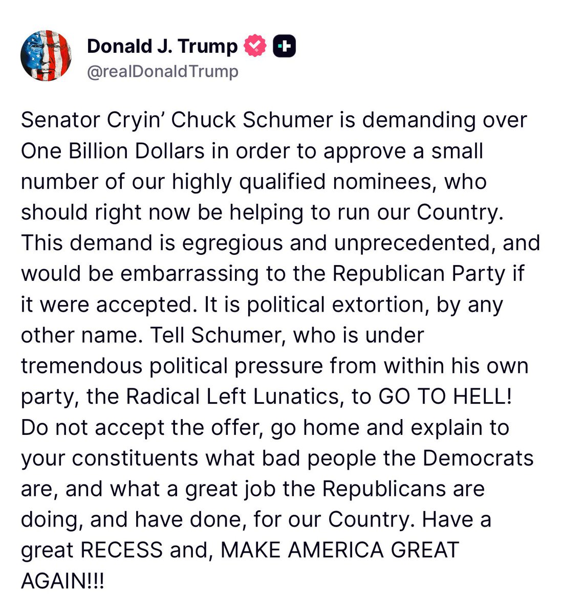 🚨BREAKING: President Trump has just accused Chuck Schumer and the Democrats of engaging in POLITICAL EXTORTION and tells them to GO TO HELL!