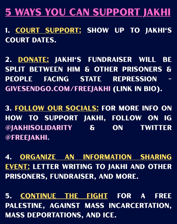PACK THE COURT FOR JAKHI ON TUES, AUGUST 5TH ‼️

📍 8 AM Meetup at Columbus Park for zines and letter writing. 

📍9 AM Pack the Court at 100 Centre St.
