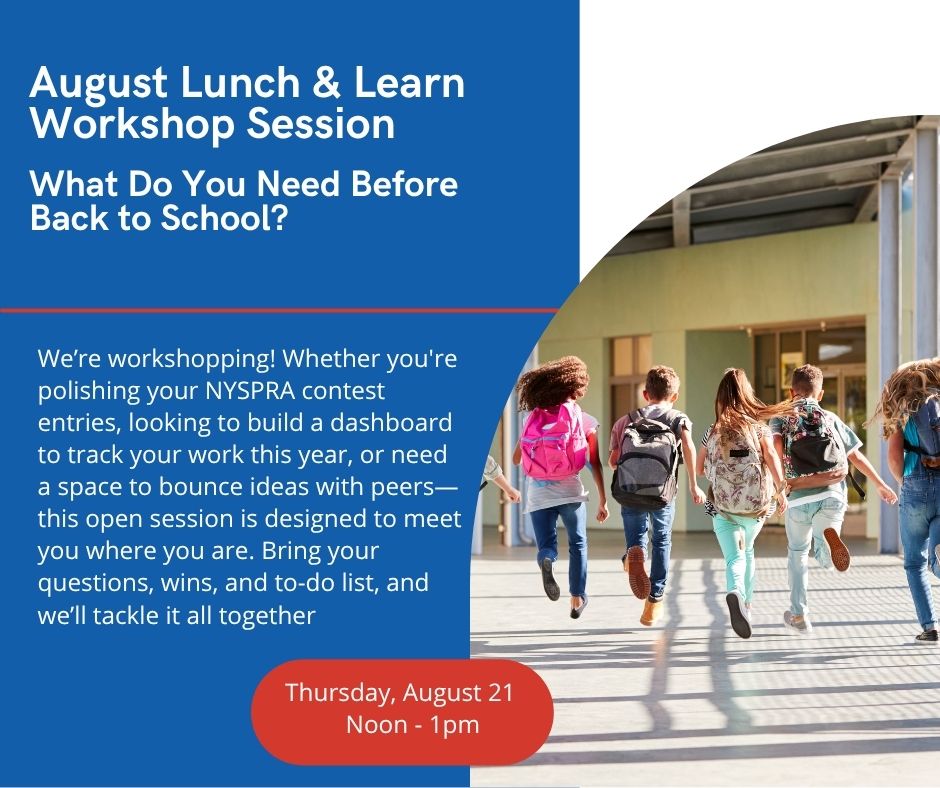 Today’s the day! 📷
Join us Noon–1pm for our August Lunch &amp; Learn Workshop: “What Do You Need Before Back to School?”

There is still time to join! Use the link below to register and snag that Google Meet link.

nyspra.org/event-6253916
#LunchAndLearn #BackToSchool #NYSPRA