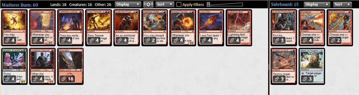 Silas Pereira / TheGrimLavamancer (@silas_pereira10) on Twitter photo 6-3 in Pauper Showcase. I followed <a href="/jakeAls/">kalikaiz (saidin.raken)</a>'s guide and made some changes that paid off.
r1 - Mono Red Madness - WW
r2 - Heroic - LL
r3 - Spy - WLW
r4 - Boros - LWL
r5 - Elves - LWW
r6 - spy - WW
r7 - Mono W Aggro - LWW
r8 - BG Sacrifice - LWW
r9 -Dredge - LL 6-3 in Pauper Showcase. I followed <a href="/jakeAls/">kalikaiz (saidin.raken)</a>'s guide and made some changes that paid off.
r1 - Mono Red Madness - WW
r2 - Heroic - LL
r3 - Spy - WLW
r4 - Boros - LWL
r5 - Elves - LWW
r6 - spy - WW
r7 - Mono W Aggro - LWW
r8 - BG Sacrifice - LWW
r9 -Dredge - LL
