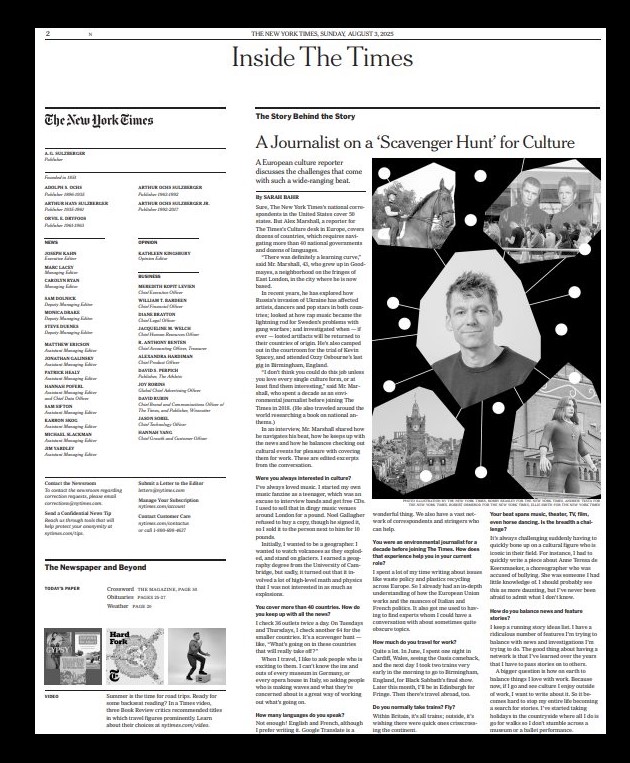 Sarah Bahr (@smbahr14) on Twitter photo In print in Sunday's <a href="/nytimes/">The New York Times</a>: I've long admired the dogged -- and wide-ranging -- arts reporting by our London-based European culture reporter, <a href="/alexmarshall81/">Alex Marshall</a>.
His news routine: Check 36 publications 2x/ day, and then another 64 for smaller countries on Tuesdays & Thursdays! In print in Sunday's <a href="/nytimes/">The New York Times</a>: I've long admired the dogged -- and wide-ranging -- arts reporting by our London-based European culture reporter, <a href="/alexmarshall81/">Alex Marshall</a>.
His news routine: Check 36 publications 2x/ day, and then another 64 for smaller countries on Tuesdays & Thursdays!