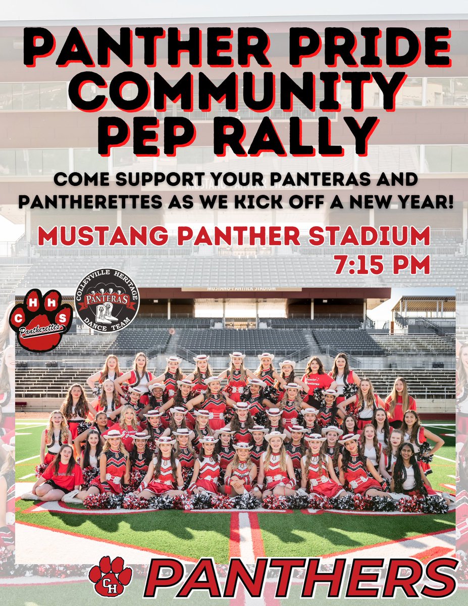 🐾 PANTHER PRIDE NIGHT 2025 🐾
Friday, August 8th
We are so excited to participate in this year’s PPN at Mustang Panther Stadium, alongside all of our fellow CHHS teams, organizations, and fine arts programs!
We hope to see you there!!! ❤️🐾
#PFND #PantherPride #PantherPrideNight