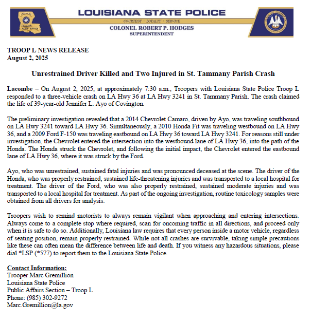 Unrestrained Driver Killed and Two Injured in St. Tammany Parish Crash