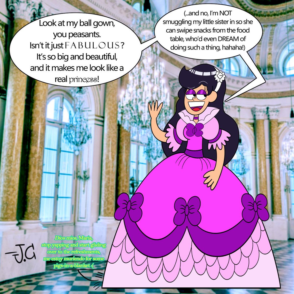 Much-belated birthday fanart for <a href="/Suprdee2/">$uprdee2</a> featuring Maria in a big poofy ball gown, looking as lovely and majestic as always. (However, she seems to have invited a plus-one, thanks to her outrageous outfit...) Happy late birthday, Dee! Love ya work!