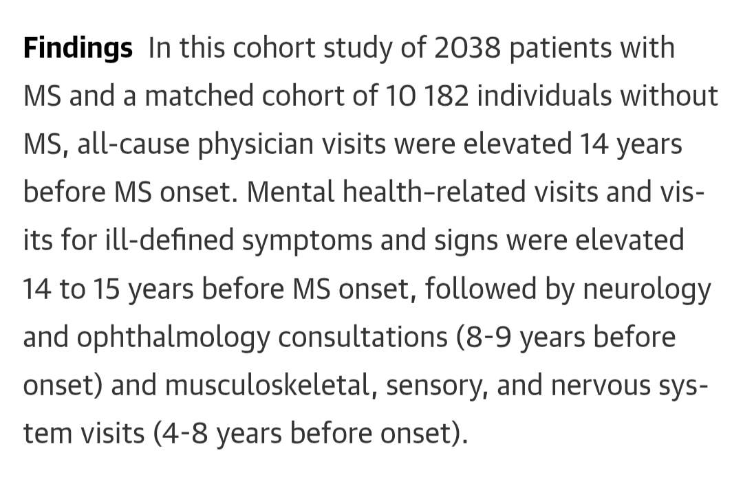 Health Care Use Before Multiple Sclerosis Symptom Onset
jamanetwork.com/journals/jaman…

MS patients start complaining of problems 15 years before diagnosis. 

This absolutely terrifies me as i doubt its unique to MS