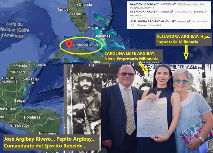 La hija, y la Nieta del Comandante Pepito Argibay.
Empresarias Millonarias en Panamá.
3 Empresas q dirigen Alajandra Argibay Manduley,
su hija;
Carolina Leite Argibay y su esposo: 
LAIR LEITE SOBRINHO
Todos han terminado Millonarios..
Mira cubano; Tu Revolución del Humilde....