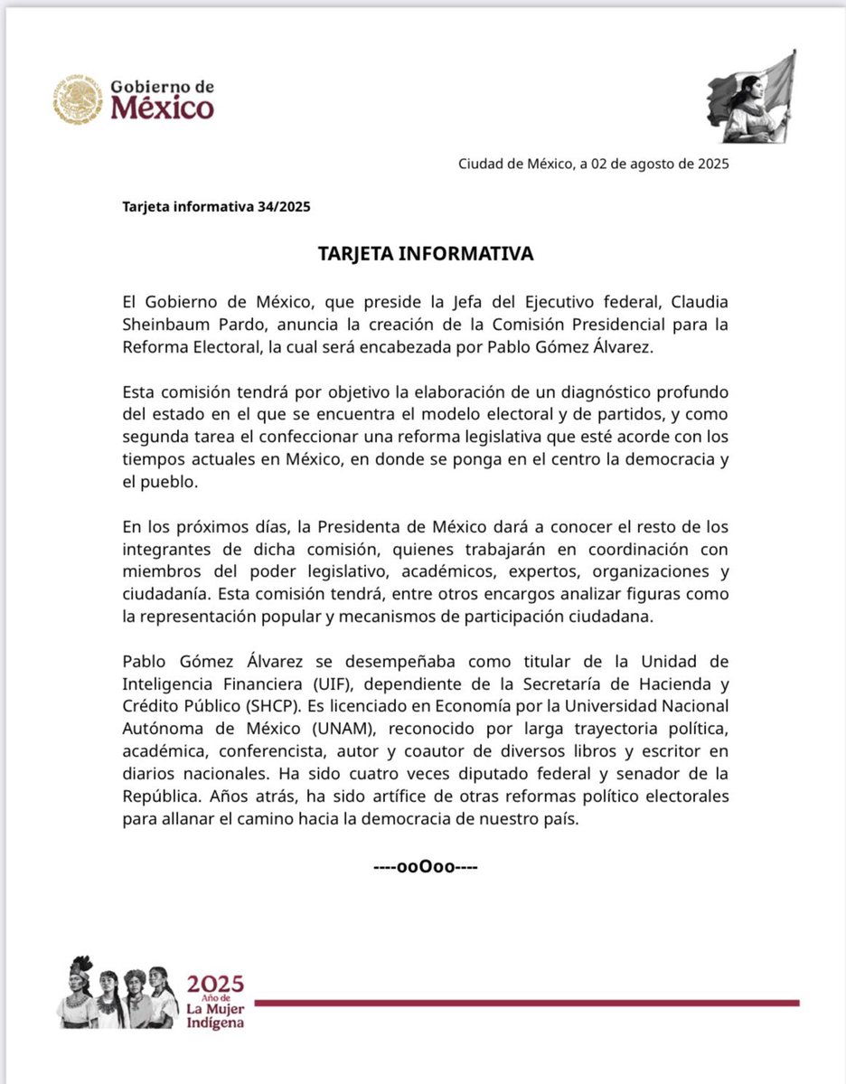 Claudia Sheinbaum (<a href="/Claudiashein/">Claudia Sheinbaum Pardo</a>) destituye a Pablo Gómez (<a href="/PabloGomez1968/">Pablo Gómez</a>) como titular de la UIF y le inventa la Comisión Presidencial para la Reforma Electoral. Así cumple con uno de los decenas de acuerdos que tiene con el gobierno de EE.UU.

(Pronto se conocerán algunas