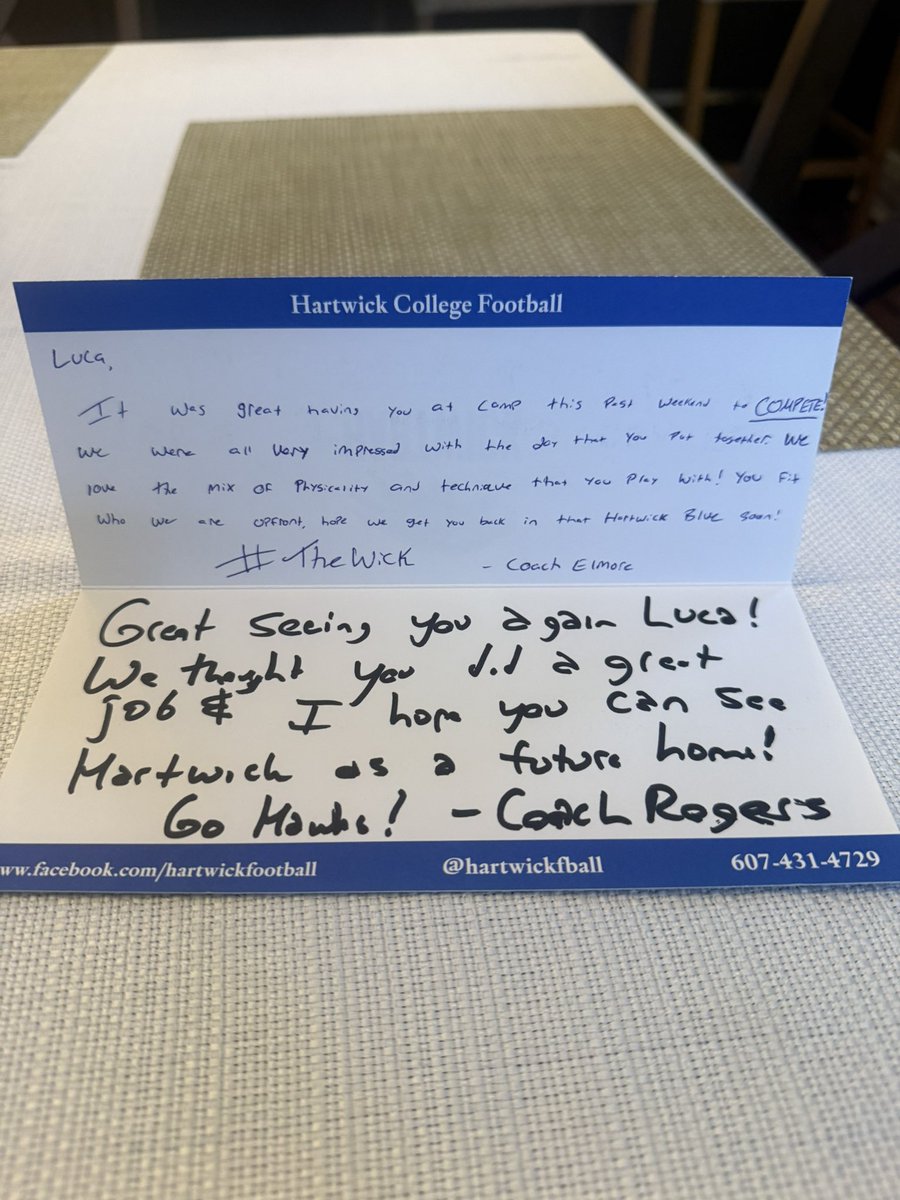 Thank you to <a href="/HartwickFball/">Hartwick Football</a> <a href="/CoachElmore70/">Tyler Elmore</a>  @CoachRodgers13 for the amazing letter really enjoyed the work I got and hope to continue to get better #THEWICK #SOAR 

<a href="/CoachMeisse/">Coach_Meisse</a> <a href="/CoachChimo51/">chimo51</a> <a href="/ColeNeuendorf/">CN3</a>