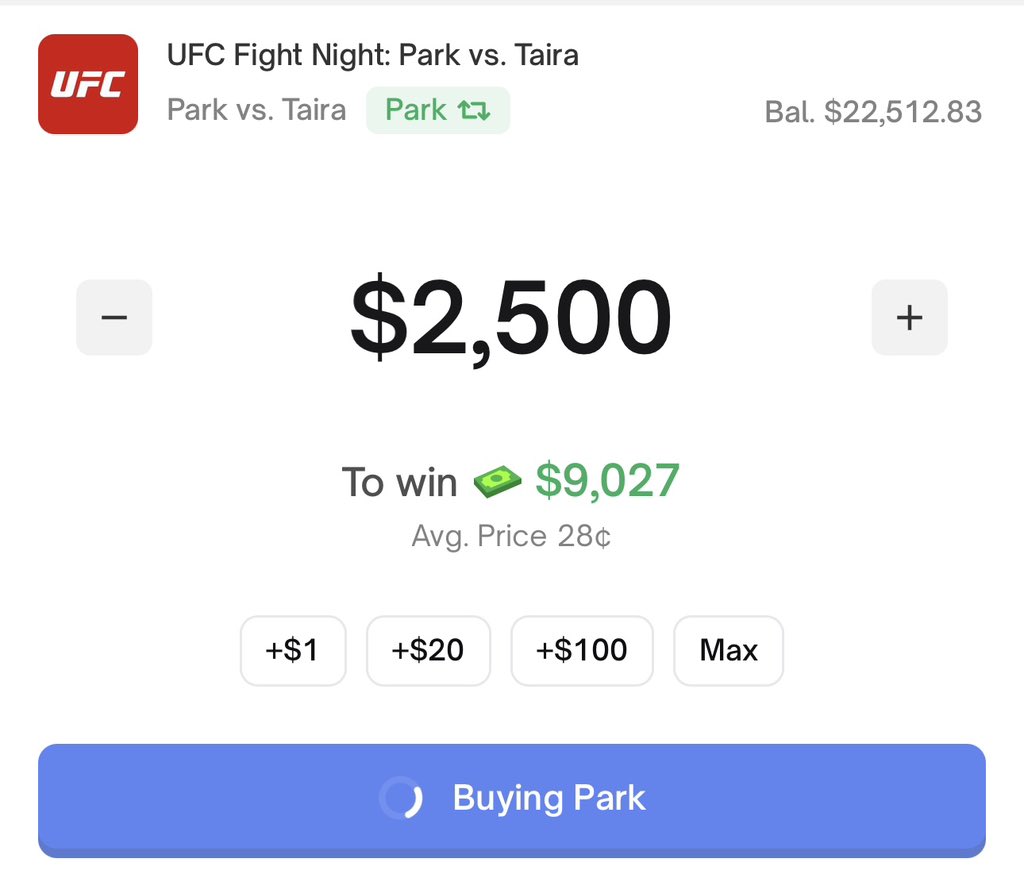 Aj (@ajwritescrypto) on Twitter photo If Park beats Taira tonight for the UFC Main Event…
Someone who likes THIS POST will win $250 in crypto! 🚀
Taira is coming off a loss & Park is undefeated, but Park’s shares are $0.28?
I’M IN!
Sign up for Polymarket!⬇️
polymarket.com/r/aj
Last weeks winner: <a href="/xMarkPregua/">Mark Pregua 🇵🇭</a> If Park beats Taira tonight for the UFC Main Event…
Someone who likes THIS POST will win $250 in crypto! 🚀
Taira is coming off a loss & Park is undefeated, but Park’s shares are $0.28?
I’M IN!
Sign up for Polymarket!⬇️
polymarket.com/r/aj
Last weeks winner: <a href="/xMarkPregua/">Mark Pregua 🇵🇭</a>
