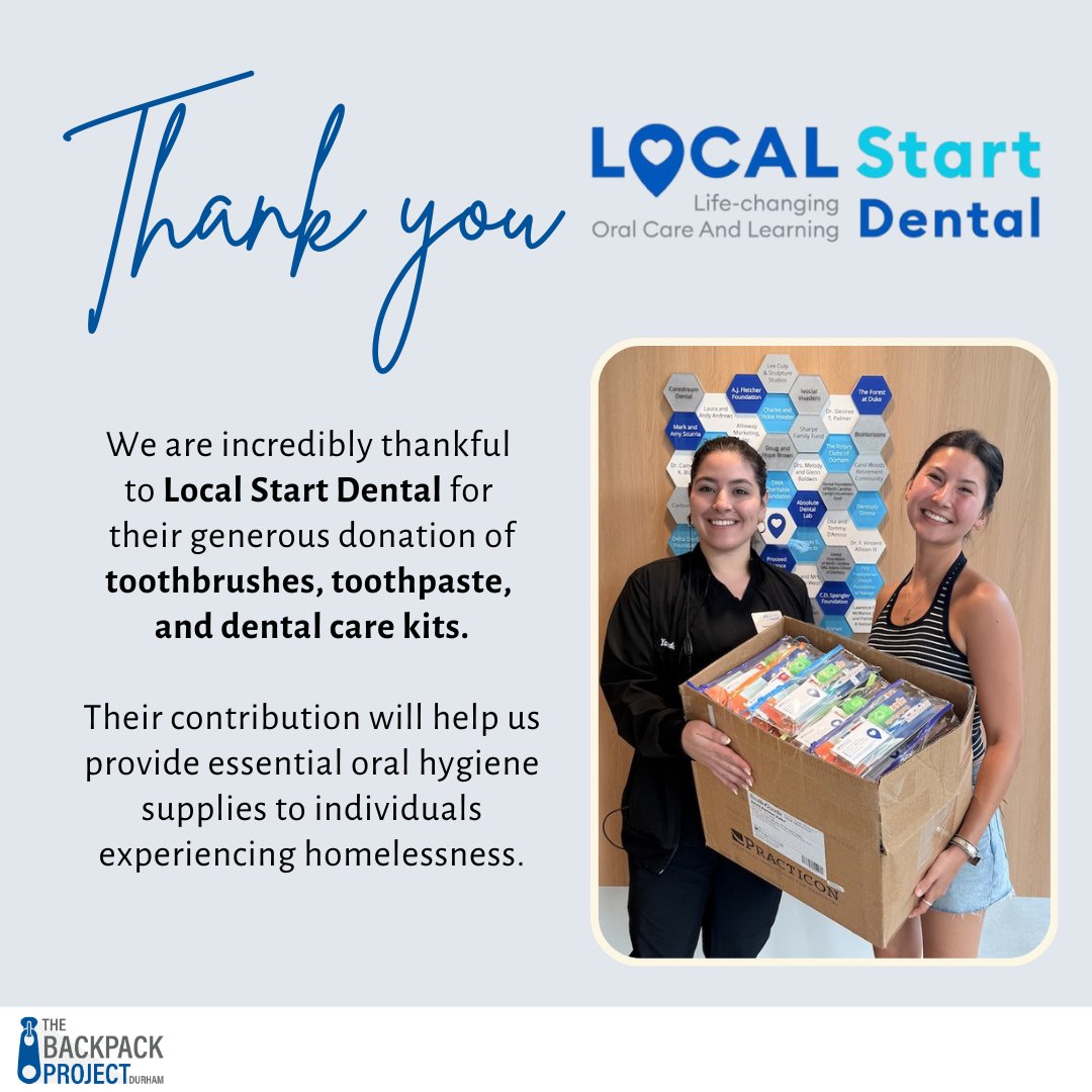 TBPDurham's tweet image. We are truly grateful to Local Start Dental for their generous donation of oral hygiene supplies, which we will be distributing to our neighbors experiencing homelessness.  💙🪥🦷
#TheBackpackProject #TBPDurham #DukeUniversity #CommunitySupport #OralHealth #LocalStartDental