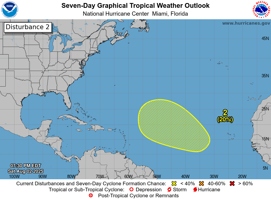 8 PM EDT Sat, Aug. 2: We're now monitoring 2 systems in the Atlantic, each with a low chance of becoming a tropical cyclone during the next 7 days:

1. A frontal low off the coast of NC could acquire some tropical or subtropical characteristics through Monday.

2. A tropical wave