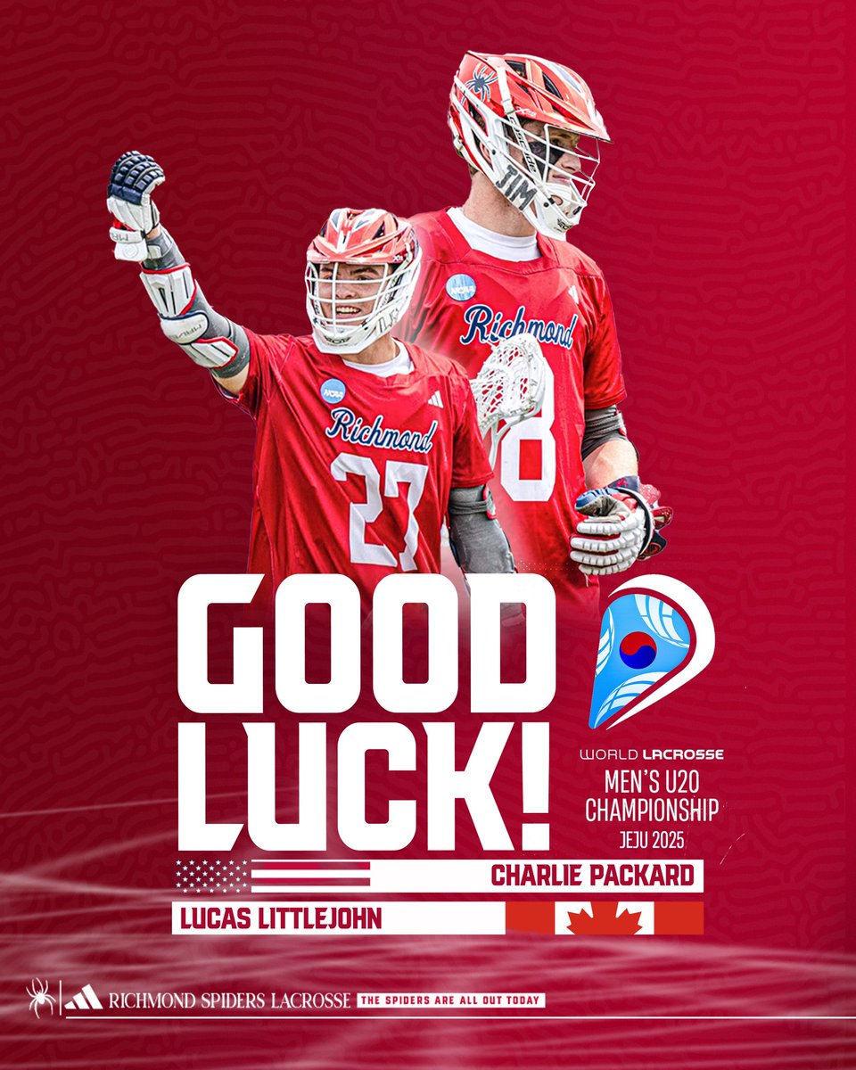 Richmond Lacrosse (@spidermlax) on Twitter photo Congratulations and good luck to Charlie Packard and Lucas Littlejohn who will represent their home countries later this month in the 2025 <a href="/WorldLacrosse/">World Lacrosse</a> U20 Championships in Korea!
#OneRichmond Congratulations and good luck to Charlie Packard and Lucas Littlejohn who will represent their home countries later this month in the 2025 <a href="/WorldLacrosse/">World Lacrosse</a> U20 Championships in Korea!
#OneRichmond