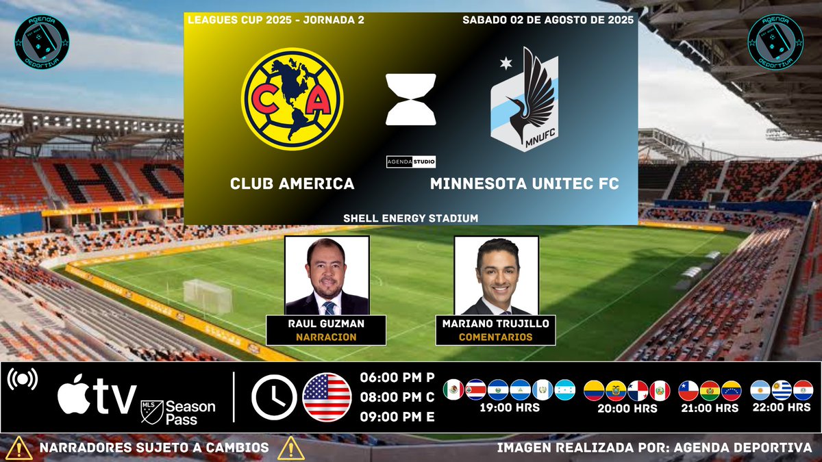 AgendaDeport22's tweet photo. #LeaguesCup2025 - Jonada 2
Transmisión: Latinoamérica
#America vs #Minnesota
📺 #AppleTv #MLSSeasonPass
🎙️Raúl Guzmán
📝@marianot19
#AMEvMIN
#AgendaDeportiva https://t.co/PTLw3zo9Cm