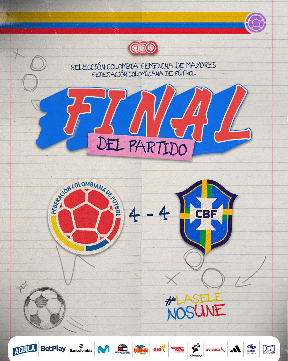 Finaliza el partido de nuestra Selección Colombia Femenina 🆚🇧🇷

🇨🇴 4-4 🇧🇷

#LaSeleNosUne🇨🇴