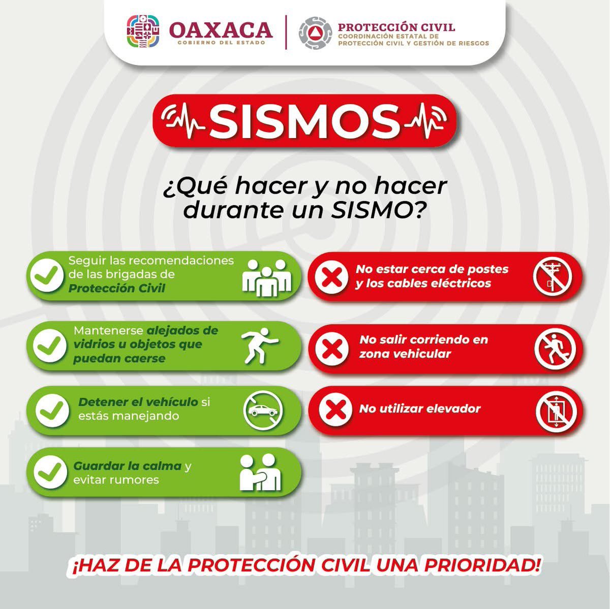 ¡Prepárate ante un sismo! 

Sigue las recomendaciones de Protección Civil y evita situaciones de riesgo. 

¡Tu seguridad es primero!

#proteccióncivilestatal
#TodosSomosProteccionCivil