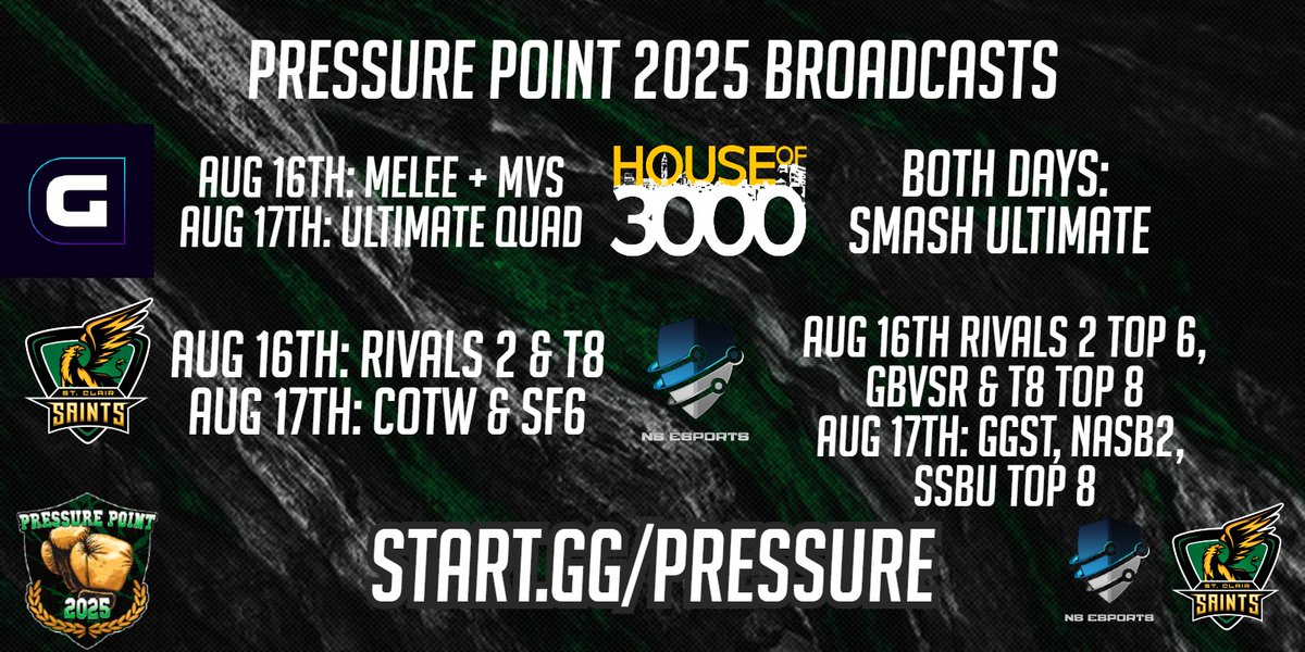 No Style Tournaments π GB4 π Pressure Point (@nstournamenthub) on Twitter photo Where to Watch Pressure Point 2025 π₯
Catch all the action across 4 amazing Twitch channels this August 16β17:
<a href="/SaintsGamingCA/">St. Clair Saints</a> β Rivals 2, T8, SF6, COTW
<a href="/Ho3kNYC/">House Of 3000</a> β Smash Ultimate
<a href="/galintgaming/">Galint Gaming Inc.</a> β Melee, MVS, and Ult Quad
<a href="/NoStyleEsports/">No Style Esports</a> β Top 6s & Top 8s Where to Watch Pressure Point 2025 π₯
Catch all the action across 4 amazing Twitch channels this August 16β17:
<a href="/SaintsGamingCA/">St. Clair Saints</a> β Rivals 2, T8, SF6, COTW
<a href="/Ho3kNYC/">House Of 3000</a> β Smash Ultimate
<a href="/galintgaming/">Galint Gaming Inc.</a> β Melee, MVS, and Ult Quad
<a href="/NoStyleEsports/">No Style Esports</a> β Top 6s & Top 8s