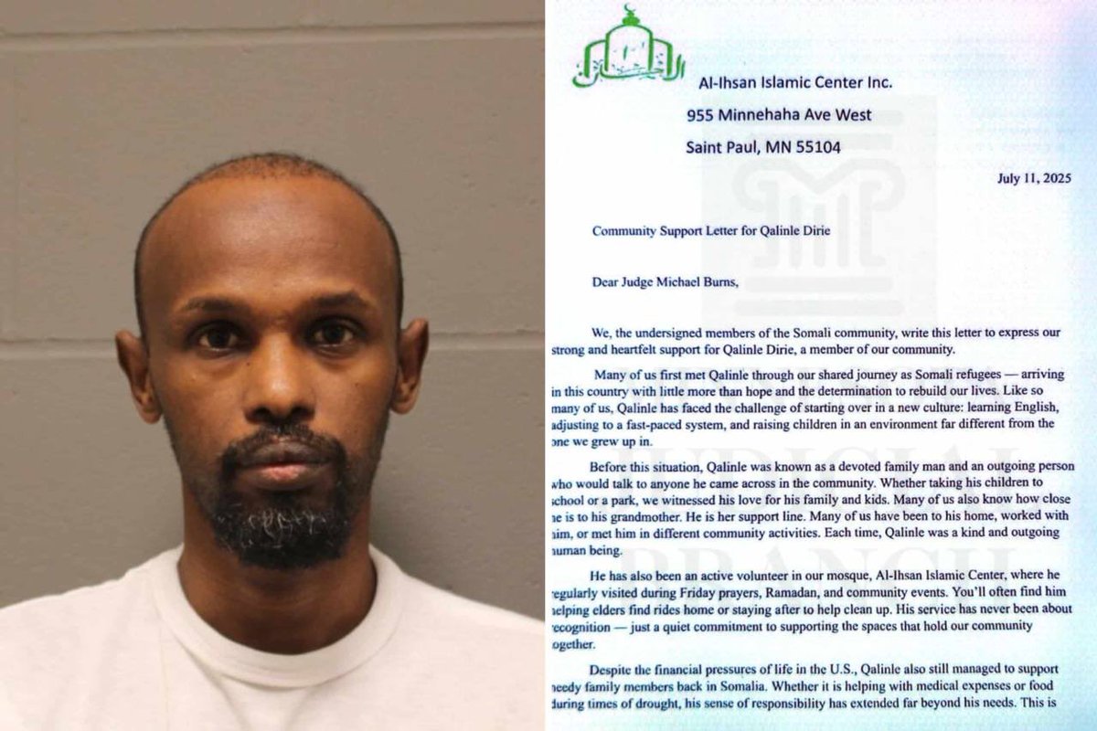 42-year-old Somali migrant to Minnesota Qalinle Ibrahim Dirie abducted and raped a 12-year-old girl. In response, the local Islamic center wrote a letter of support for Dirie, claiming his presence “enriches the lives of those around him” and that his crime of raping a child was