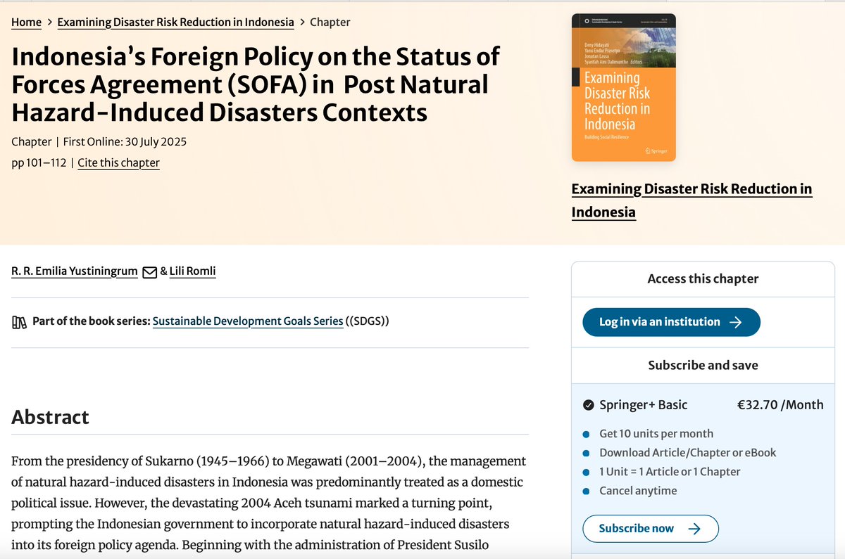 EYustiningrum's tweet photo. Our book chapter with @lromli at @SpringerNature is officially out for public now. Indonesia's Foreign Policy on the Status of Forces Agreement (SOFA) in Post Natural Hazard-Induced Disasters Contexts. Link: https://t.co/b9STI66Ntg https://t.co/v57dRLFJU4