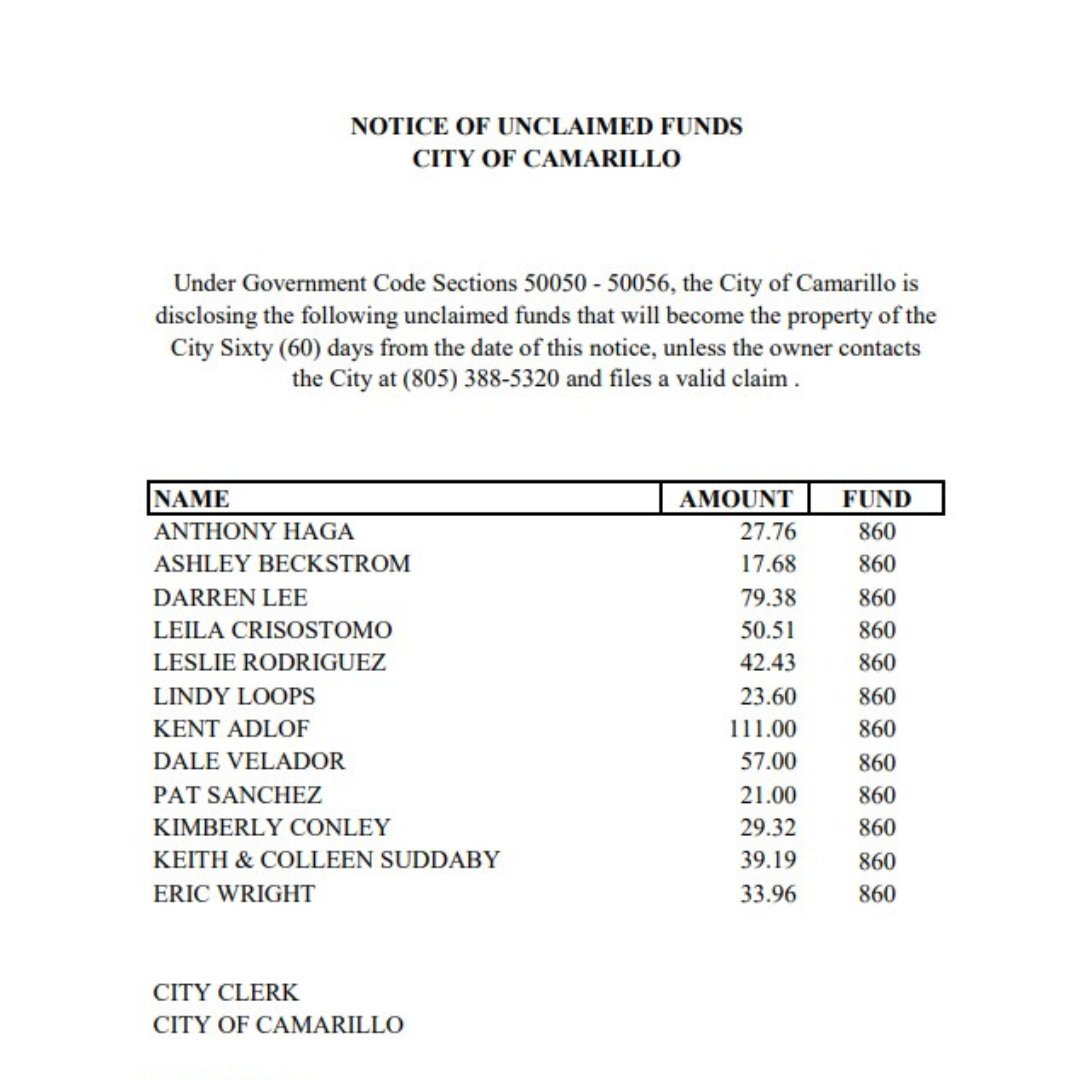 The City of Camarillo is disclosing unclaimed funds that can be claimed if the owner contacts the City at (805) 388-5320 and files a valid claim.
