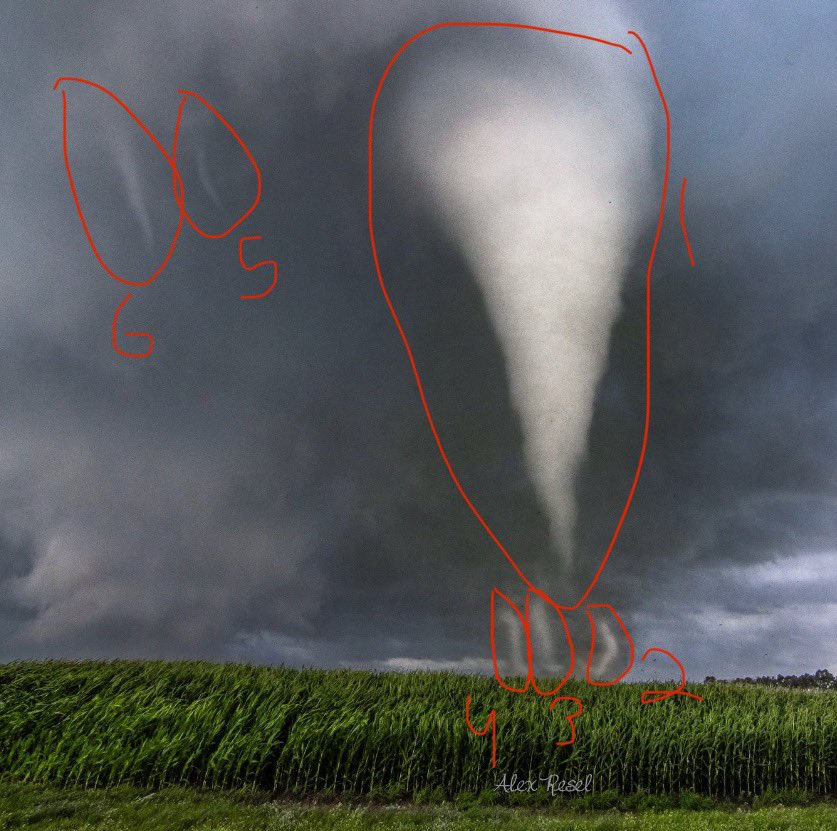 Vortexception. Insane shot here by Alex with 6 vorticies of various sizes in one picture. Two satellite type funnels, the main tornado vortex, and 3 sub-vortices at the base of it