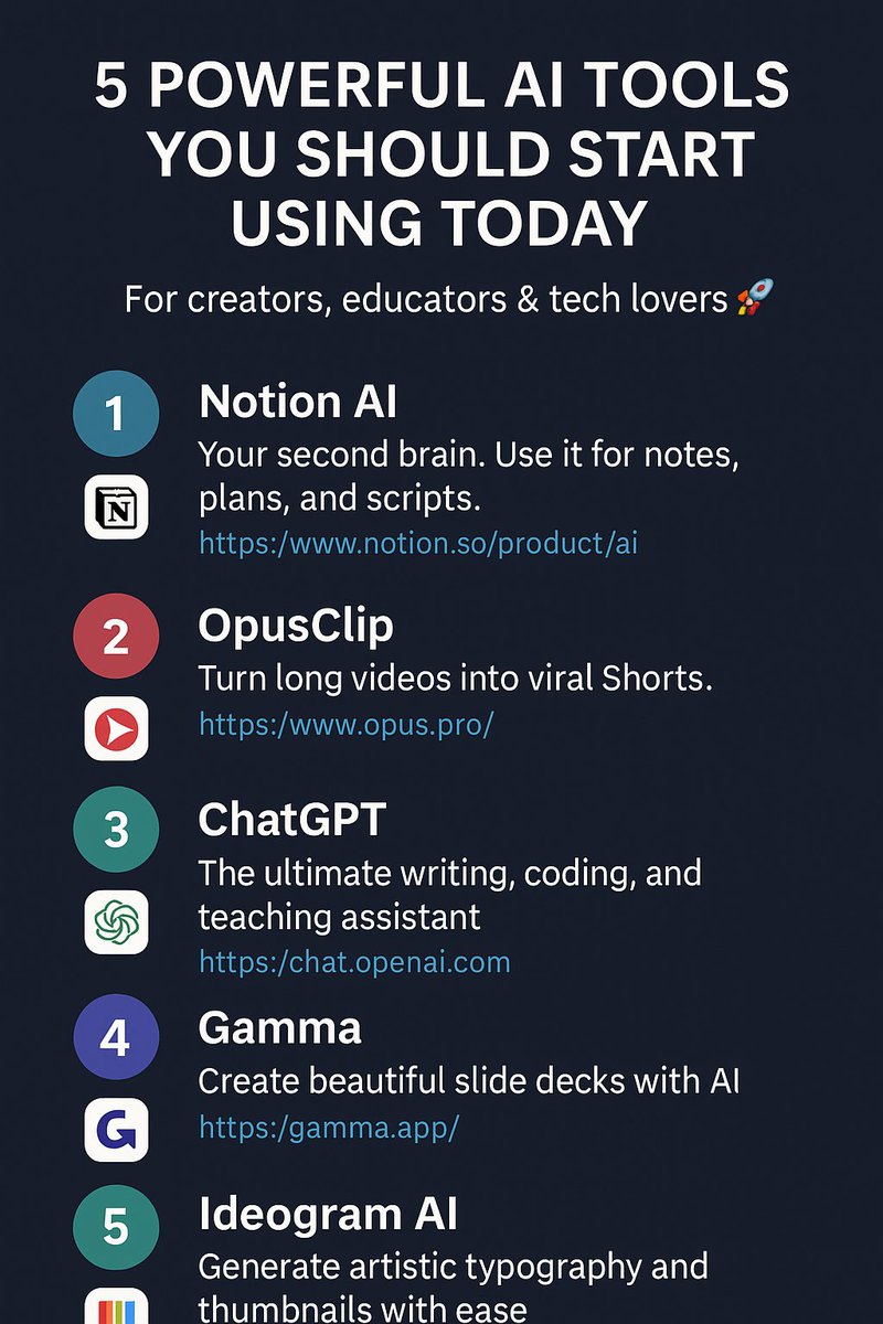 These 5 tools = Less effort, more results.
Use them to automate, teach, create &amp; grow.

🔁 Retweet to help others
💾 Bookmark this thread
❤️ Follow for more AI, Tech, &amp; Education tools
#AItools #DigitalLearning #ContentCreation #YouTubeAutomation