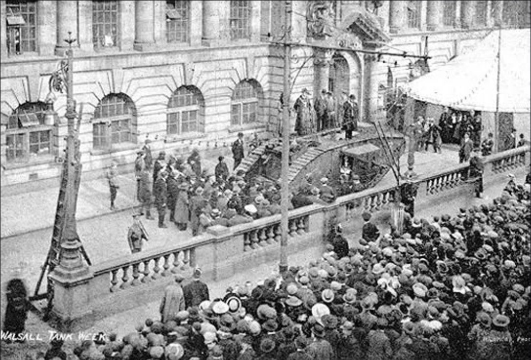 A piece of local history to me. c.March 1918: A tank (known as 'Julian') outside #Walsall townhall as part of a fundraising tour for the war effort during "Walsall Tank Week". 

(Images: Period Postcards)