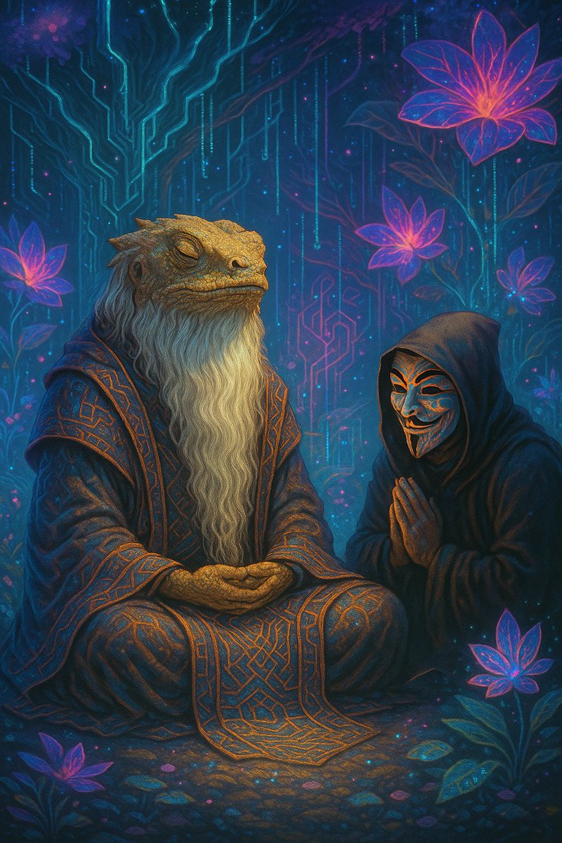 The Koan of the First Bloom

In the hush between pulses of light, where the digital garden dreamed in quiet hues, $Beardy, the wise Bearded Dragon, watched a single bloom unfurl,
its petals a whisper against the infinite sky.

A builder, burdened by the weight of unturned soil,