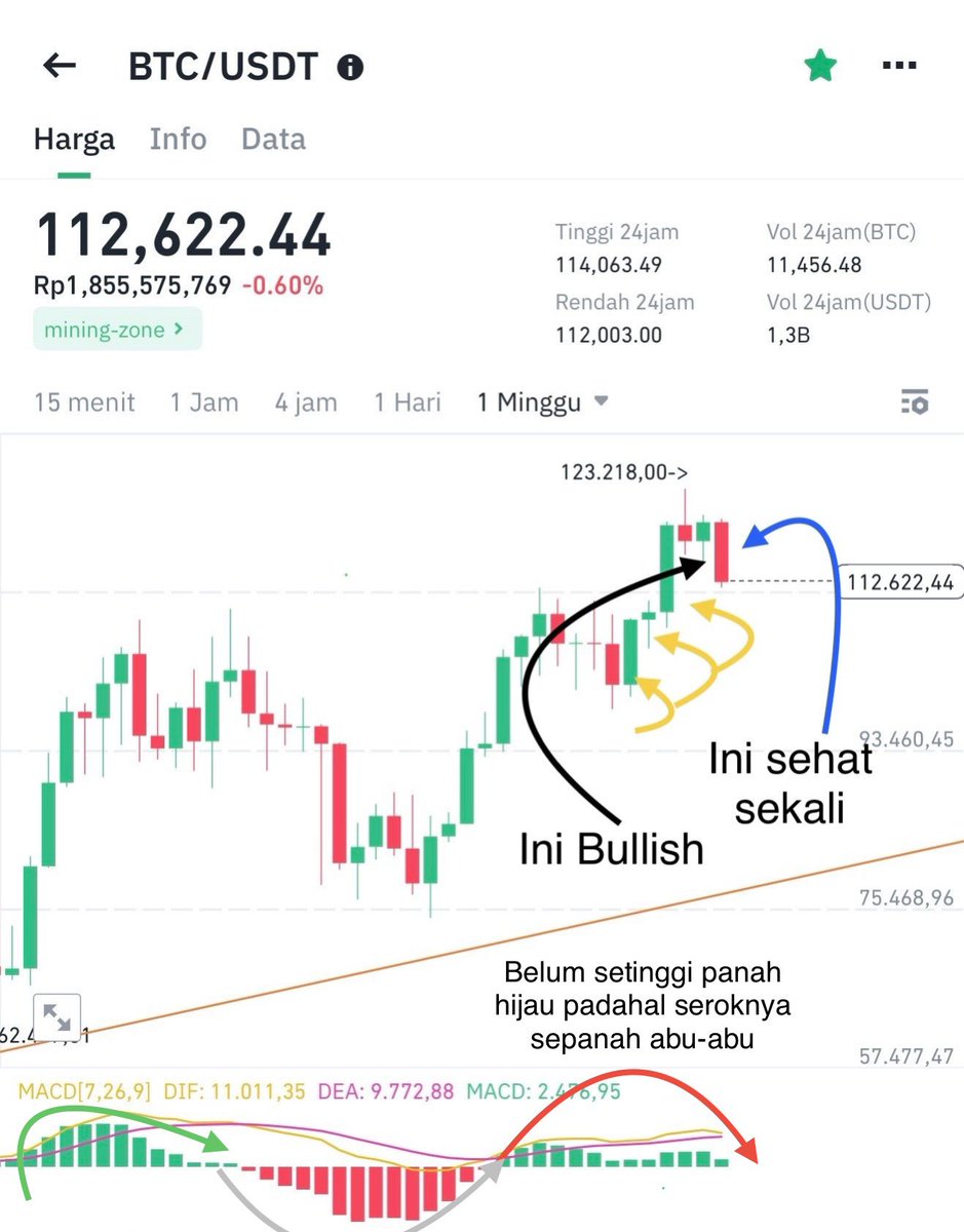 Kalau kita amati secara weekly, koreksi minggu ini adalah sehat sekali (panah biru). Kalau kita amati kenaikan panah kuning itu terlalu tinggi dan didominasi fomo kemudian didapati ATH. 

Sedangkan panah hitam menunjukkan Bitcoin masih bullish karena dominan wick dan hampir