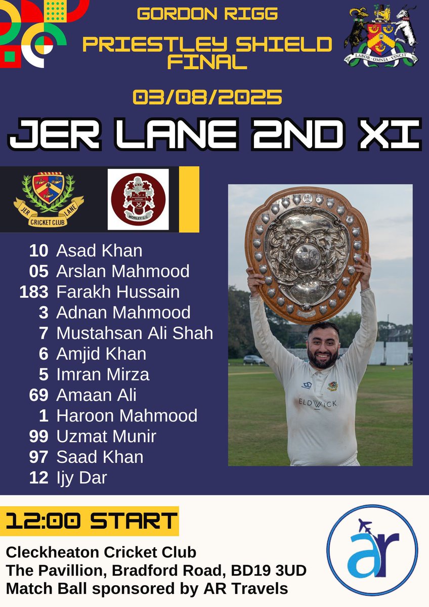Jer Lane CC (@jerlanecc) on Twitter photo The 2nd XI team against <a href="/morleycricket/">Morley Cricket Club</a> for the @bradfordpremcl Prisetley Shield Final.
Pop down to @cleckheatonsportsclub_ and support the boys in their third consecutive shield final.
Wishing the boys all the best!
Match ball proudly sponsored by @artravelandtours The 2nd XI team against <a href="/morleycricket/">Morley Cricket Club</a> for the @bradfordpremcl Prisetley Shield Final.
Pop down to @cleckheatonsportsclub_ and support the boys in their third consecutive shield final.
Wishing the boys all the best!
Match ball proudly sponsored by @artravelandtours