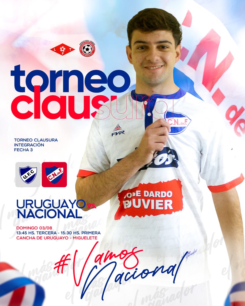 𝐉𝐔𝐄𝐆𝐀 𝐍𝐀𝐂𝐈𝐎𝐍𝐀𝐋
FECHA 3 - Clausura

⏰ 13:45 HS. Tercera
⏰ 15:30 HS. Primera 
🏟️ Cancha de Uruguayo

#VamosNacional 🔵⚪🔴