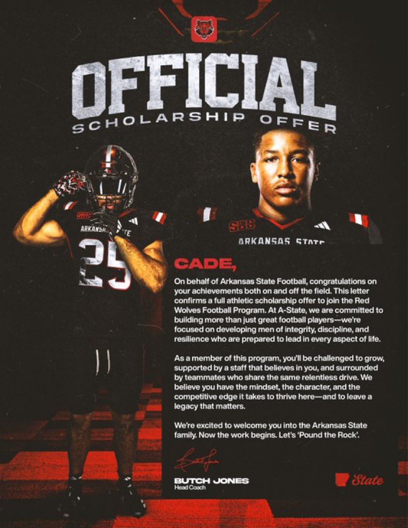 Cade Wallace “Deuce” ✞ (@cadewallace2026) on Twitter photo Blessed to receive a official offer from ARKANSAS STATE 🔥
<a href="/Coach_DeLay/">Laban DeLay</a> <a href="/coachphilvc/">Coach Van Cleave</a> <a href="/CoachC_Osunde/">C.O.365 Training</a> <a href="/CoachJ_O/">Coach J.O.</a> <a href="/JonesASTFB/">Alex Jones</a> <a href="/DemetricDWarren/">Demetric D. Warren</a> Blessed to receive a official offer from ARKANSAS STATE 🔥
<a href="/Coach_DeLay/">Laban DeLay</a> <a href="/coachphilvc/">Coach Van Cleave</a> <a href="/CoachC_Osunde/">C.O.365 Training</a> <a href="/CoachJ_O/">Coach J.O.</a> <a href="/JonesASTFB/">Alex Jones</a> <a href="/DemetricDWarren/">Demetric D. Warren</a>