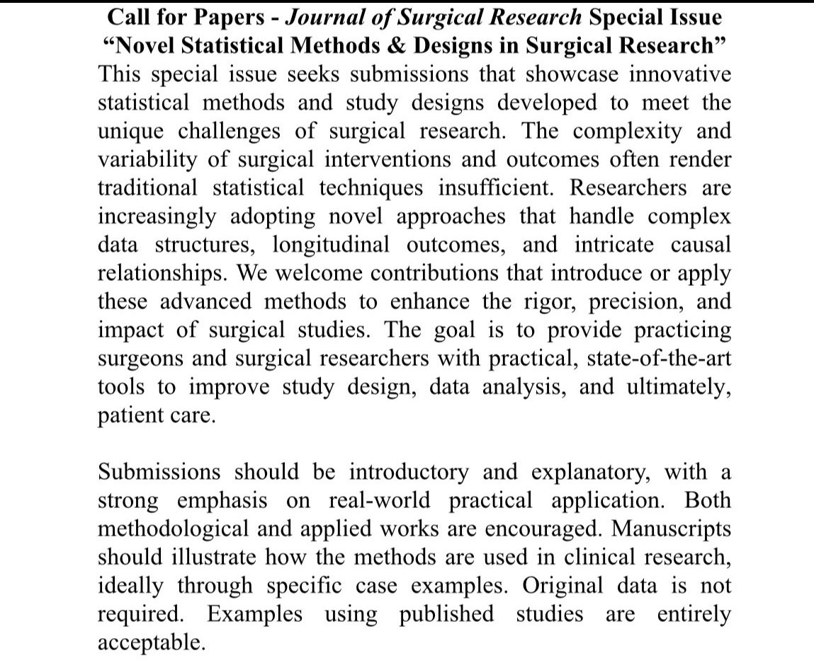 Journal of Surgical Research (@jsurgres) on Twitter photo Special 📢
Please submit your work to our special edition on novel statistical methods and design in research ! Please consider submitting your work!! Extended deadline Nov 30!!
Link : sciencedirect.com/special-issue/…
<a href="/scottlemaire/">Scott LeMaire</a> <a href="/KanhuaYin/">Kanhua "Kevin" Yin</a> Special 📢
Please submit your work to our special edition on novel statistical methods and design in research ! Please consider submitting your work!! Extended deadline Nov 30!!
Link : sciencedirect.com/special-issue/…
<a href="/scottlemaire/">Scott LeMaire</a> <a href="/KanhuaYin/">Kanhua "Kevin" Yin</a>