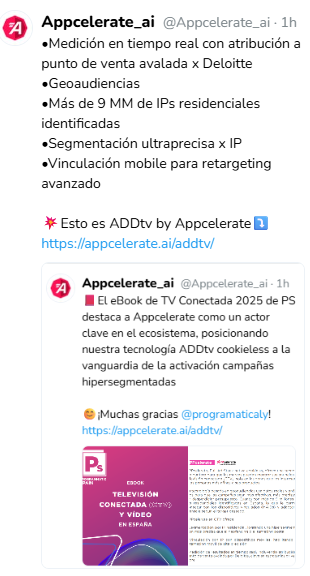🔎"Esta propuesta integral sitúa a Appcelerate en áreas estratégicas como #DSP, planificación, #data, identidad y #addressability, consolidando su papel como referente en publicidad programática para CTV"

💣Bienvenidos a ADDtv by Appcelerate⤵️
appcelerate.ai/addtv/
