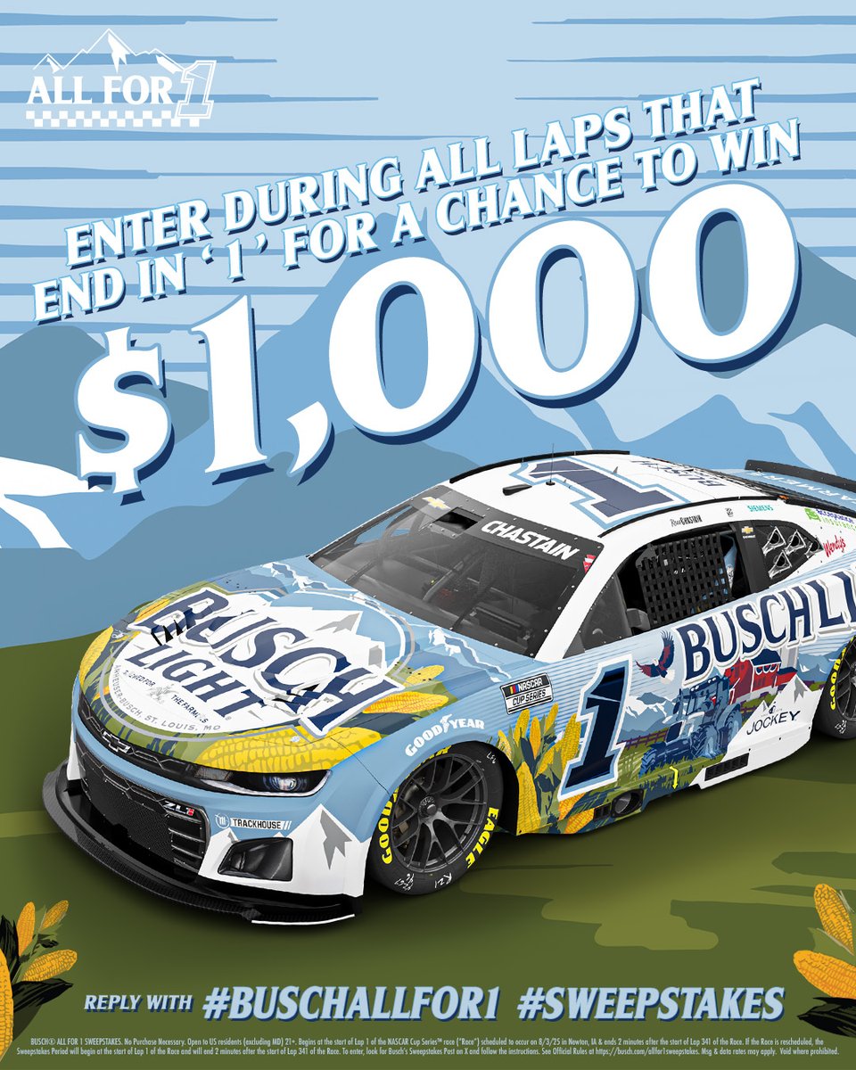 Busch Beer (@buschbeer) on Twitter photo 🌽 Corn you believe it’s time for the #IowaCorn350?
💰 That means another CHANCE TO WIN $1,000 during every lap that ends in a “1”
🚨 TURN ON notifications and tune in to the action
<a href="/iowaspeedway/">Iowa Speedway</a> #BuschAllFor1 #Sweepstakes 🌽 Corn you believe it’s time for the #IowaCorn350?
💰 That means another CHANCE TO WIN $1,000 during every lap that ends in a “1”
🚨 TURN ON notifications and tune in to the action
<a href="/iowaspeedway/">Iowa Speedway</a> #BuschAllFor1 #Sweepstakes