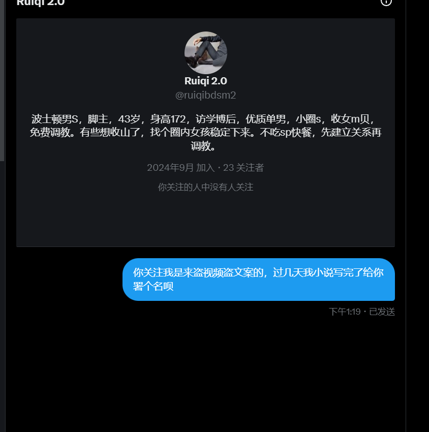 也是享受到大博主待遇了嗷，盗个视频就算了，哥们连文案人设都盗是想干嘛呢，过几天小说写出来也给你署名行不行？得亏有美区的博主看到了笑死了，给我几个sub都气笑了