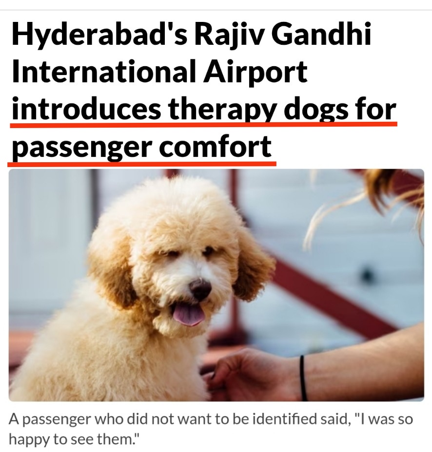 Ajay Joe (@joedelhi) on Twitter photo The next time you walk into Rajiv Gandhi International Airport (RGAI), Hyderabad, don’t be surprised if you're greeted by a friendly puppy or even get a chance to pet one.
"Therapy Dog Program" by <a href="/RGIAHyd/">RGIA Hyderabad</a>
Pls ntroduce in Delhi and all airports <a href="/AAI_Official/">Airports Authority of India</a> <a href="/DelhiAirport/">Delhi Airport</a>
"The The next time you walk into Rajiv Gandhi International Airport (RGAI), Hyderabad, don’t be surprised if you're greeted by a friendly puppy or even get a chance to pet one.
"Therapy Dog Program" by <a href="/RGIAHyd/">RGIA Hyderabad</a>
Pls ntroduce in Delhi and all airports <a href="/AAI_Official/">Airports Authority of India</a> <a href="/DelhiAirport/">Delhi Airport</a>
"The