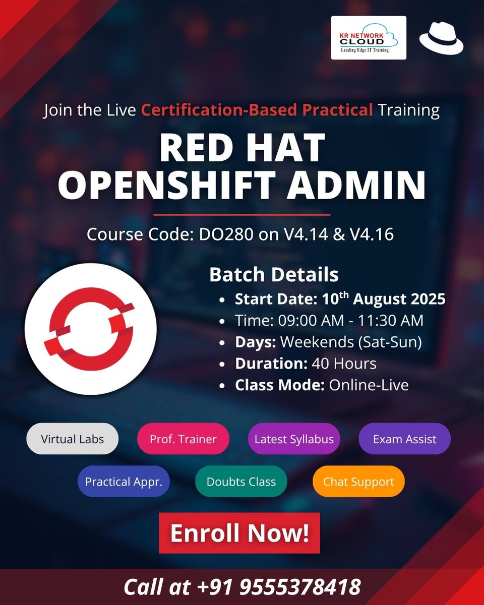 KRNetworkCloud1's tweet image. 🚀 𝐀𝐝𝐯𝐚𝐧𝐜𝐞 𝐘𝐨𝐮𝐫 𝐂𝐚𝐫𝐞𝐞𝐫 𝐰𝐢𝐭𝐡 𝐑𝐞𝐝 𝐇𝐚𝐭 𝐎𝐩𝐞𝐧𝐒𝐡𝐢𝐟𝐭 𝐀𝐝𝐦𝐢𝐧 𝐂𝐞𝐫𝐭𝐢𝐟𝐢𝐜𝐚𝐭𝐢𝐨𝐧!
👉𝐅𝐢𝐥𝐥 𝐨𝐮𝐭 𝐭𝐡𝐞 𝐟𝐨𝐫𝐦: forms.gle/TRcS54T2MRZUR1…
📞 Call: +91 9555378418
#OpenShiftTraining #RedHatCertified #DevOpsTraining #CloudComputing