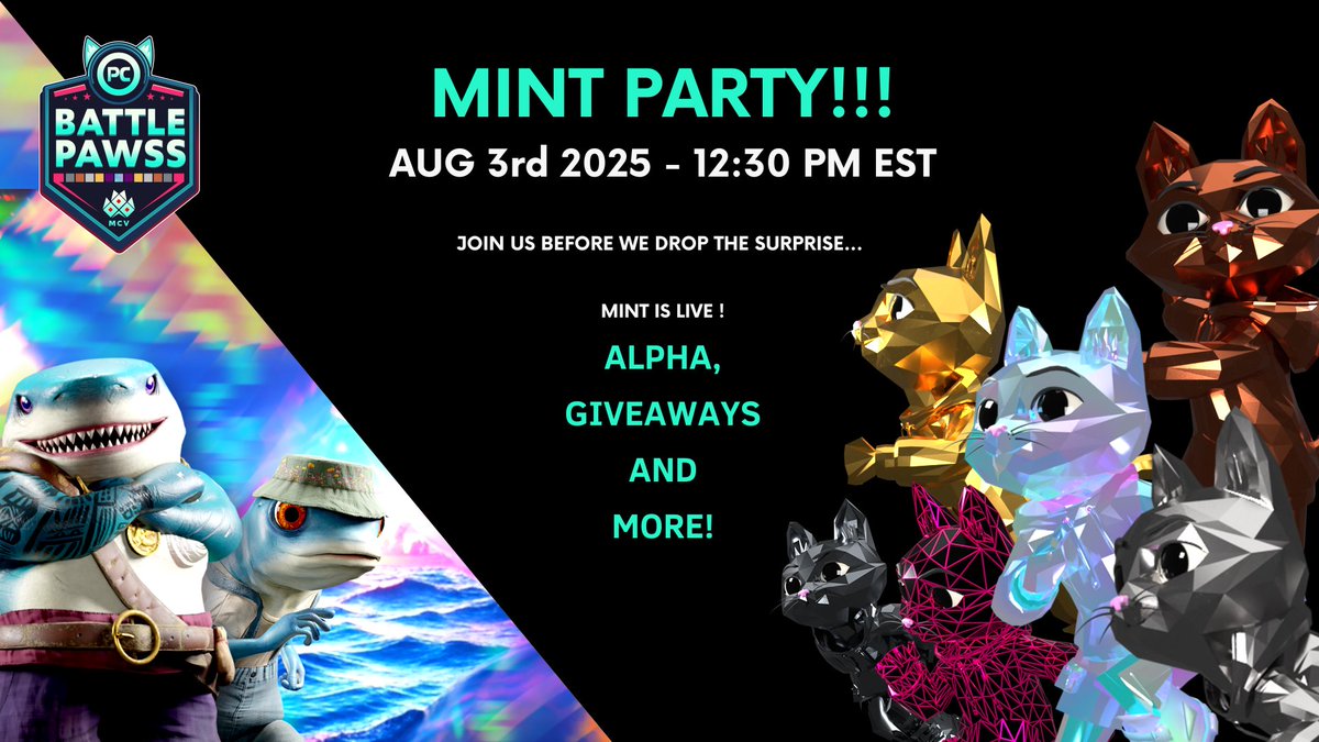TODAY IS THE DAY!

The <a href="/BattlePawss/">Battle Pawss</a> Mint Party kicks off at 12:30 PM EST. We're celebrating with live alpha, giveaways, and a massive surprise you won't want to miss

Let's sell this out and start the reveal 👀
Set your reminders now 👇