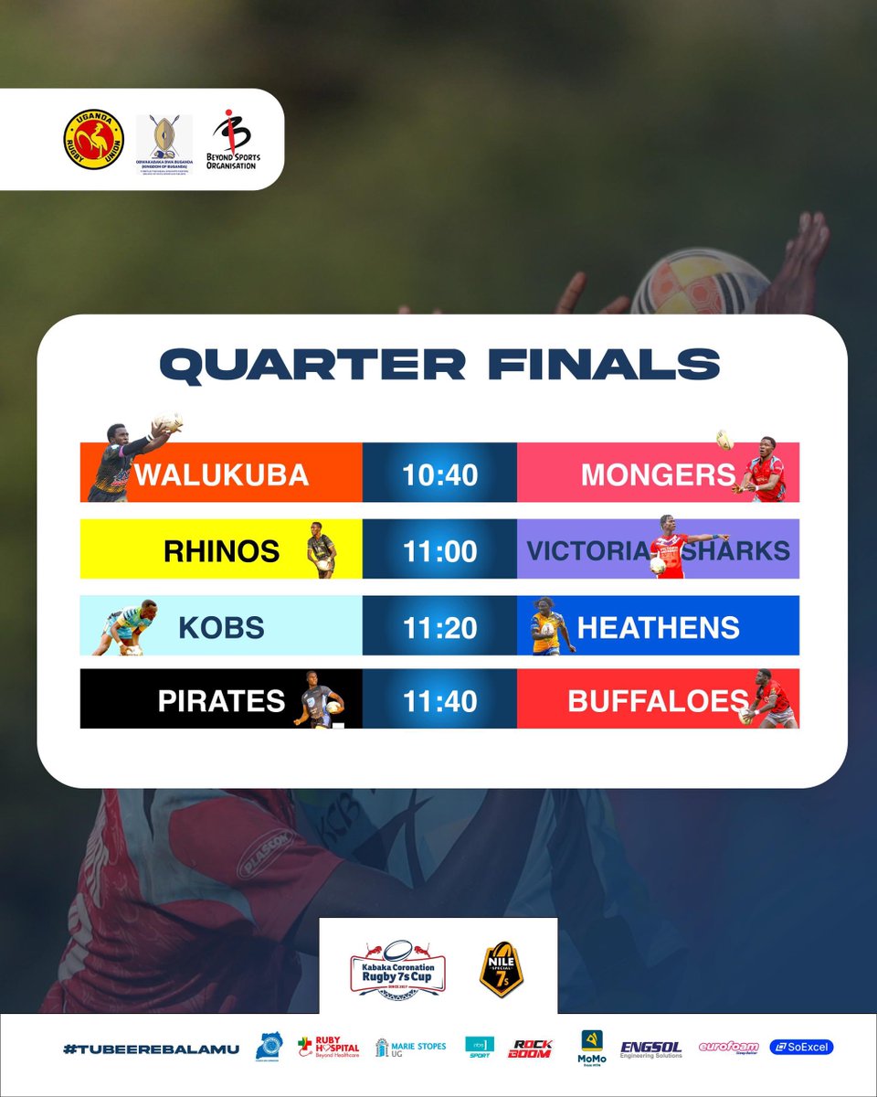 MUHUMUZA! (@joseph_maaniii) on Twitter photo The QUARTFINALS 🔥
Everyone on the Left to the Semis, here we go.
Kick off - 10:40AM.
It is Day 2 of the #KabakaCoronationRugby7s at Kyadi 📍
#TubeereBalamu is powered by; <a href="/Engsol_UG/">Engineering Solutions (U) Limited</a>, <a href="/mtnmomoug/">MoMo from MTN Uganda</a>, <a href="/eurofoamuganda/">eurofoam</a>...
#NileSpecial7s | #NileSpecialRugby The QUARTFINALS 🔥
Everyone on the Left to the Semis, here we go.
Kick off - 10:40AM.
It is Day 2 of the #KabakaCoronationRugby7s at Kyadi 📍
#TubeereBalamu is powered by; <a href="/Engsol_UG/">Engineering Solutions (U) Limited</a>, <a href="/mtnmomoug/">MoMo from MTN Uganda</a>, <a href="/eurofoamuganda/">eurofoam</a>...
#NileSpecial7s | #NileSpecialRugby