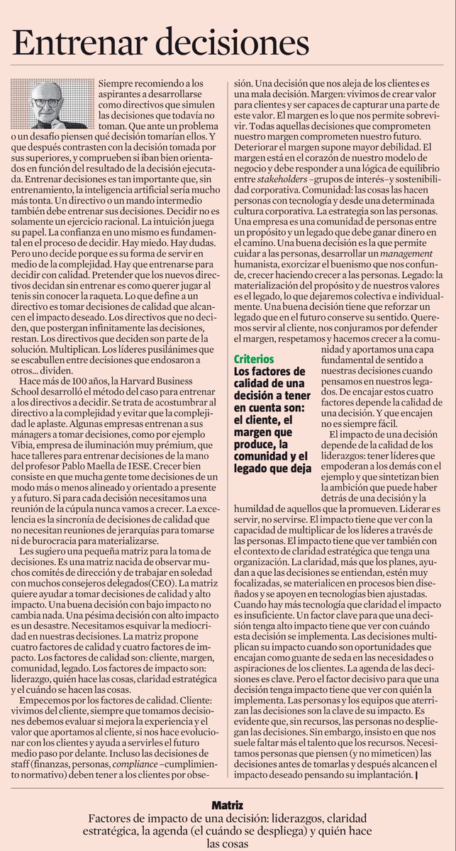 Xavier Marcet (@xaviermarcet) on Twitter photo Matiz para la toma de decisiones con calidad e impacto
Una buena decisión sin impacto no cambia nada, una mala decisión con impacto es un desastre
Hay que entrenar la toma de decisiones
Hoy en <a href="/LaVanguardia/">La Vanguardia</a> Matiz para la toma de decisiones con calidad e impacto
Una buena decisión sin impacto no cambia nada, una mala decisión con impacto es un desastre
Hay que entrenar la toma de decisiones
Hoy en <a href="/LaVanguardia/">La Vanguardia</a>