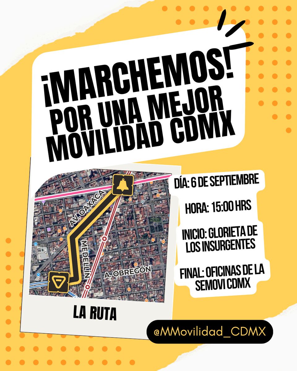 ¡Merecemos un mejor transporte público!
¡Vamos a marchar juntos!
6 de septiembre, de Insurgentes a la SEMOVI
¡Únete!
#MarchaMejorMovilidad
