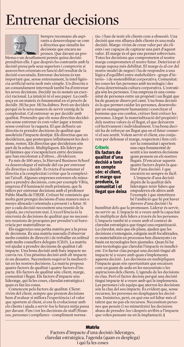 Xavier Marcet (@xaviermarcet) on Twitter photo Matriu per a la presa de decisions
Una bona decisió sense impacte no canvis res, una mala decisió amb impacte és un desastre, cal entrenar les decisions
Avui a <a href="/LaVanguardia/">La Vanguardia</a> Matriu per a la presa de decisions
Una bona decisió sense impacte no canvis res, una mala decisió amb impacte és un desastre, cal entrenar les decisions
Avui a <a href="/LaVanguardia/">La Vanguardia</a>