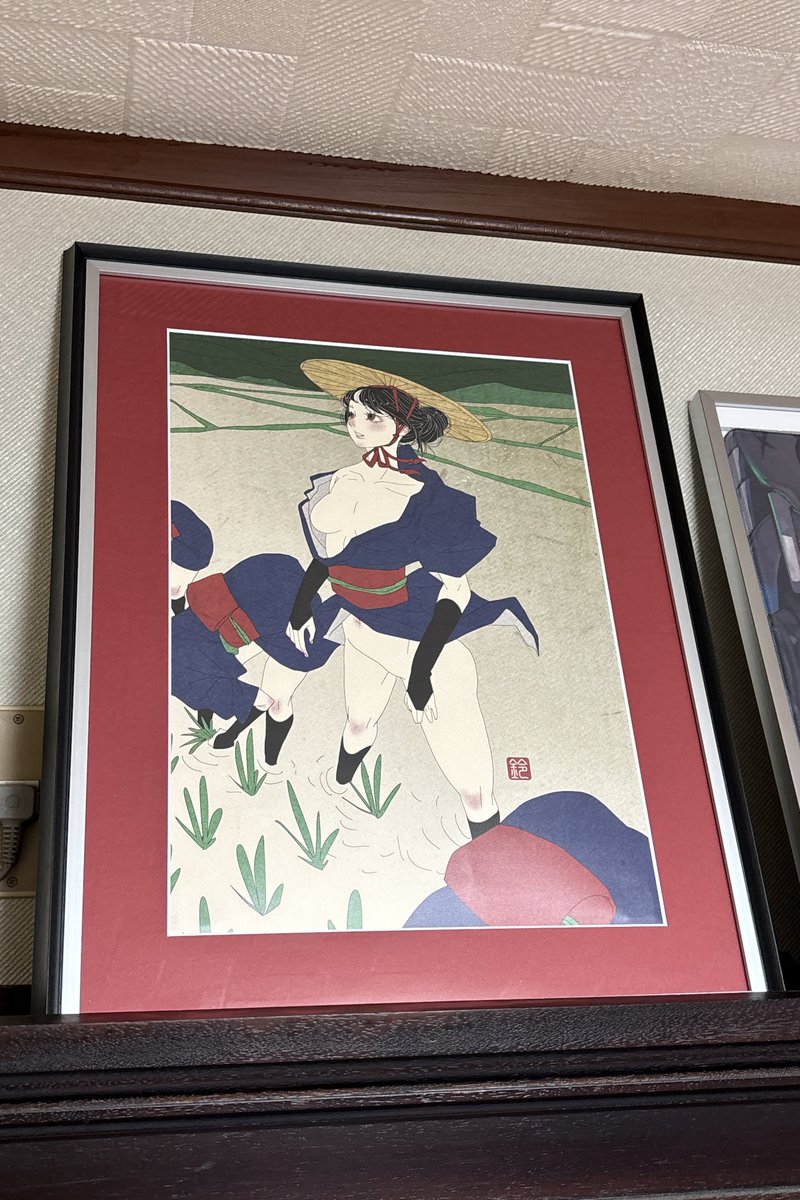 <a href="/Sei5oSuzuki/">Seigo Suzuki / 鈴木セイゴ</a> 

かなり時間が経ってしまいましたが、以前購入した絵をようやく額縁に入れて飾れました。

なかなかピッタリな額縁がなく、結局専門店にオーダーメイドで作っていただきました。この絵には臙脂色のマットがとてもよく映えます。

素晴らしい絵をありがとうございました。