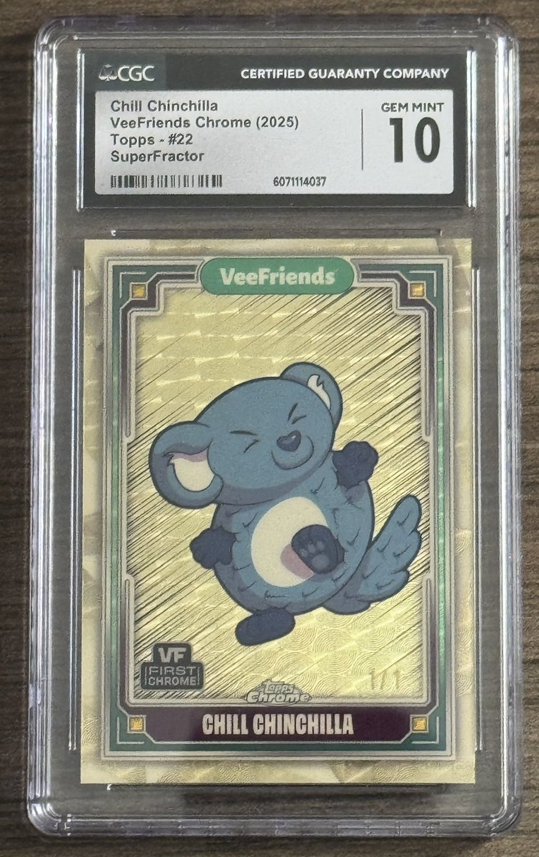 The Grail of Grails!
I was so excited to get this back from <a href="/CGCCards/">CGC Cards</a> at a Gem Mint 10 grade!
<a href="/veefriends/">VeeFriends 📍NSCC Booth #551</a> <a href="/Topps/">Topps</a> Chrome Superfractor Chill Chinchilla is perfect!