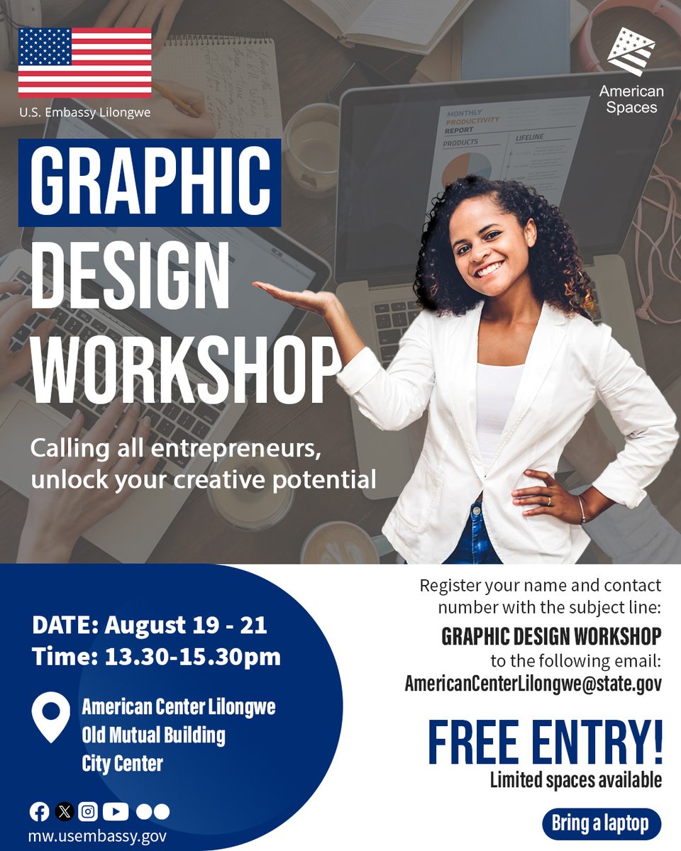 Want to learn graphic design skills?
Join our graphic design workshop to create graphics that enhance your business visibility!
📍 Location: American Center Lilongwe
📅 Date: August 19 - 21
🕙 Time: 13.30pm – 15.30pm
💻 Bring your laptop
#USAinMalawi
