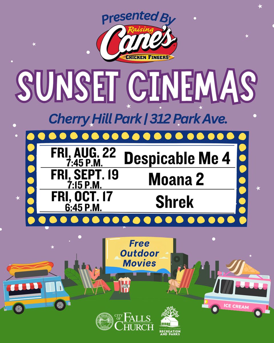City of Falls Church (@fallschurchgov) on Twitter photo 📣 Calling all movie lovers and City families!
🙋 Sunset Cinemas presented by <a href="/raisingcanes/">Raising Cane's</a> features 🌟FREE🌟 films under the stars August - October.
🎥 Food trucks onsite an hour before showtime.
Check out the full Sunset Cinema series lineup fallschurchva.gov/SunsetCinema. 📣 Calling all movie lovers and City families!
🙋 Sunset Cinemas presented by <a href="/raisingcanes/">Raising Cane's</a> features 🌟FREE🌟 films under the stars August - October.
🎥 Food trucks onsite an hour before showtime.
Check out the full Sunset Cinema series lineup fallschurchva.gov/SunsetCinema.