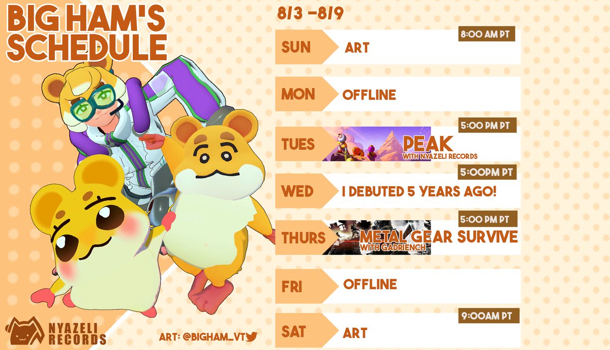 BIGHAM_vt's tweet image. 👊[ WEEK OF 8/3-8/9 Schedule ]
My 5th year as Big Ham!
🎨art tag: #bighamART
🎬clips tag: #CLIPHAM
General tag: #BIGHAM #BIGHAM_vt