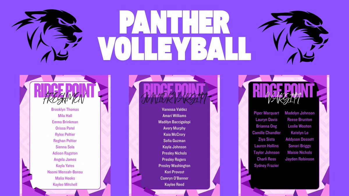 Ridge Point Volleyball (@ridgepointvb) on Twitter photo 🐾Panther Volleyball 2025 ROSTERS 🐾
<a href="/RPHS_Panthers10/">Ridge Point High School</a> <a href="/RGAPMobileLive/">RickGainesEDU</a> <a href="/RP_PantherPride/">Panther Pride /RPHS Athletic Booster Club</a> 🐾Panther Volleyball 2025 ROSTERS 🐾
<a href="/RPHS_Panthers10/">Ridge Point High School</a> <a href="/RGAPMobileLive/">RickGainesEDU</a> <a href="/RP_PantherPride/">Panther Pride /RPHS Athletic Booster Club</a>
