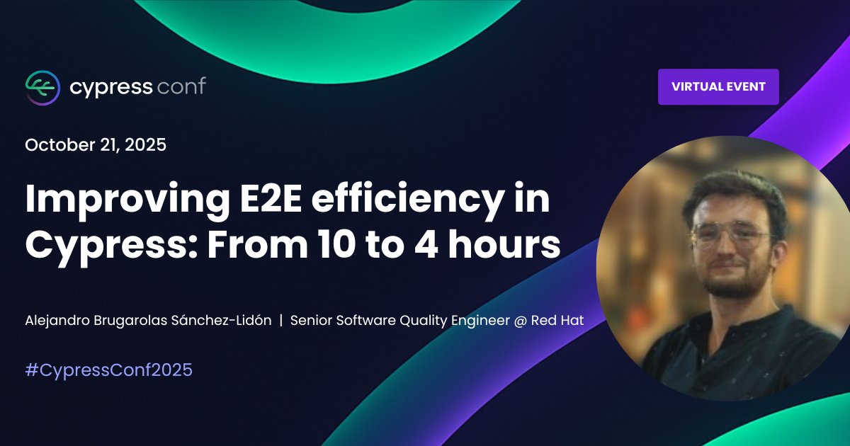 Cypress.io (@cypress_io) on Twitter photo From 10 hours to just 4 ⏱️
At #CypressConf25, Alejandro Brugarolas Sánchez-Lidón will share insights from his journey taking a Cypress test suite that had grown to 300+ extensive, heavy tests and optimizing to a stable, consistent 4-hour run.
Register: cypress.registration.goldcast.io/events/5e06455… From 10 hours to just 4 ⏱️
At #CypressConf25, Alejandro Brugarolas Sánchez-Lidón will share insights from his journey taking a Cypress test suite that had grown to 300+ extensive, heavy tests and optimizing to a stable, consistent 4-hour run.
Register: cypress.registration.goldcast.io/events/5e06455…