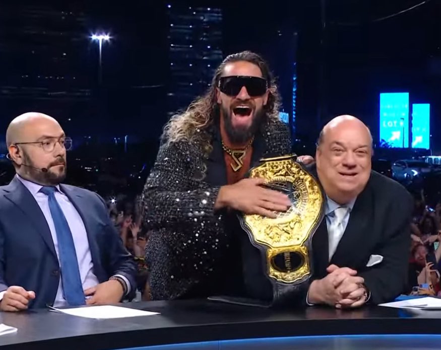 WrestleOps's tweet image. World Heavyweight Champion Seth Rollins celebrating on the post-show.